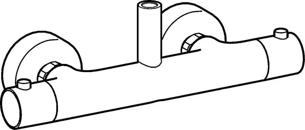 Brausebatterie von HANSA, mit zwei seitlichen Anschlüssen und mittigem Ansatz, dargestellt in schematischer Linienzeichnung.